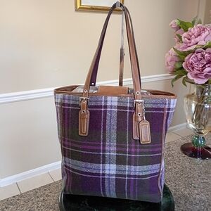 Coach Wool Plaid Purple Tote